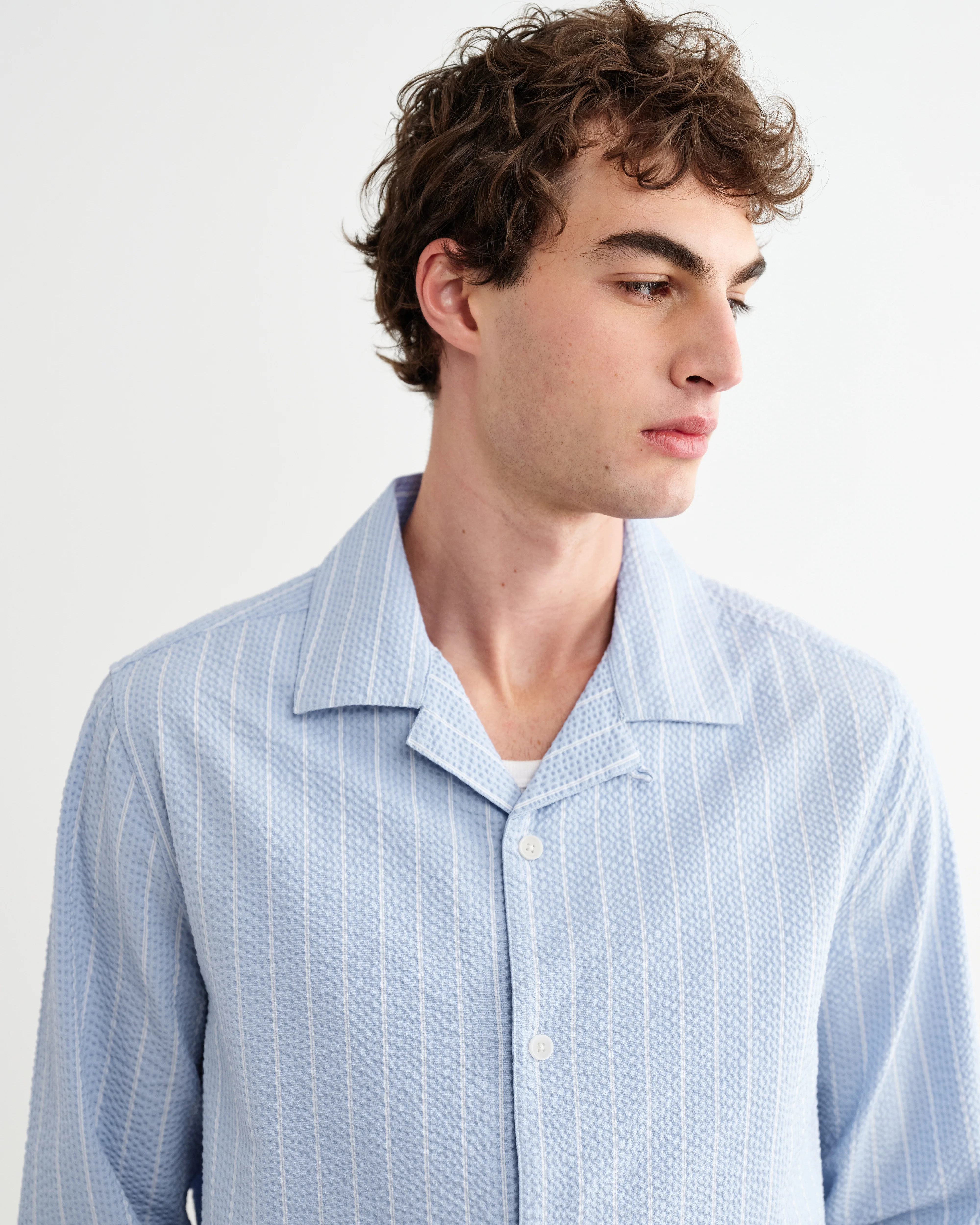 Corey - Blue And Ecru Seersucker-Cotton Stripe Shirt - Image 3