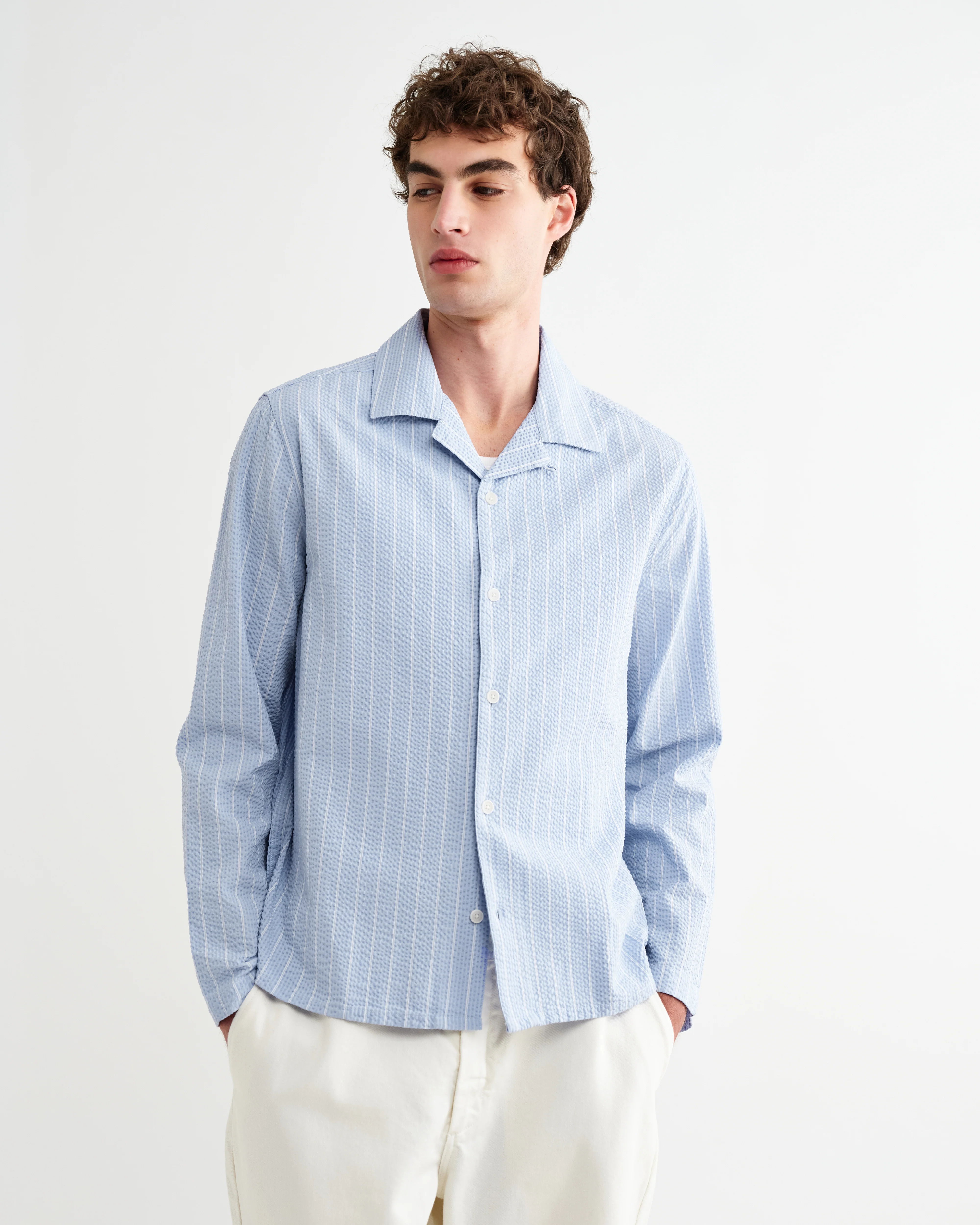 Corey - Blue And Ecru Seersucker-Cotton Stripe Shirt - Image 4