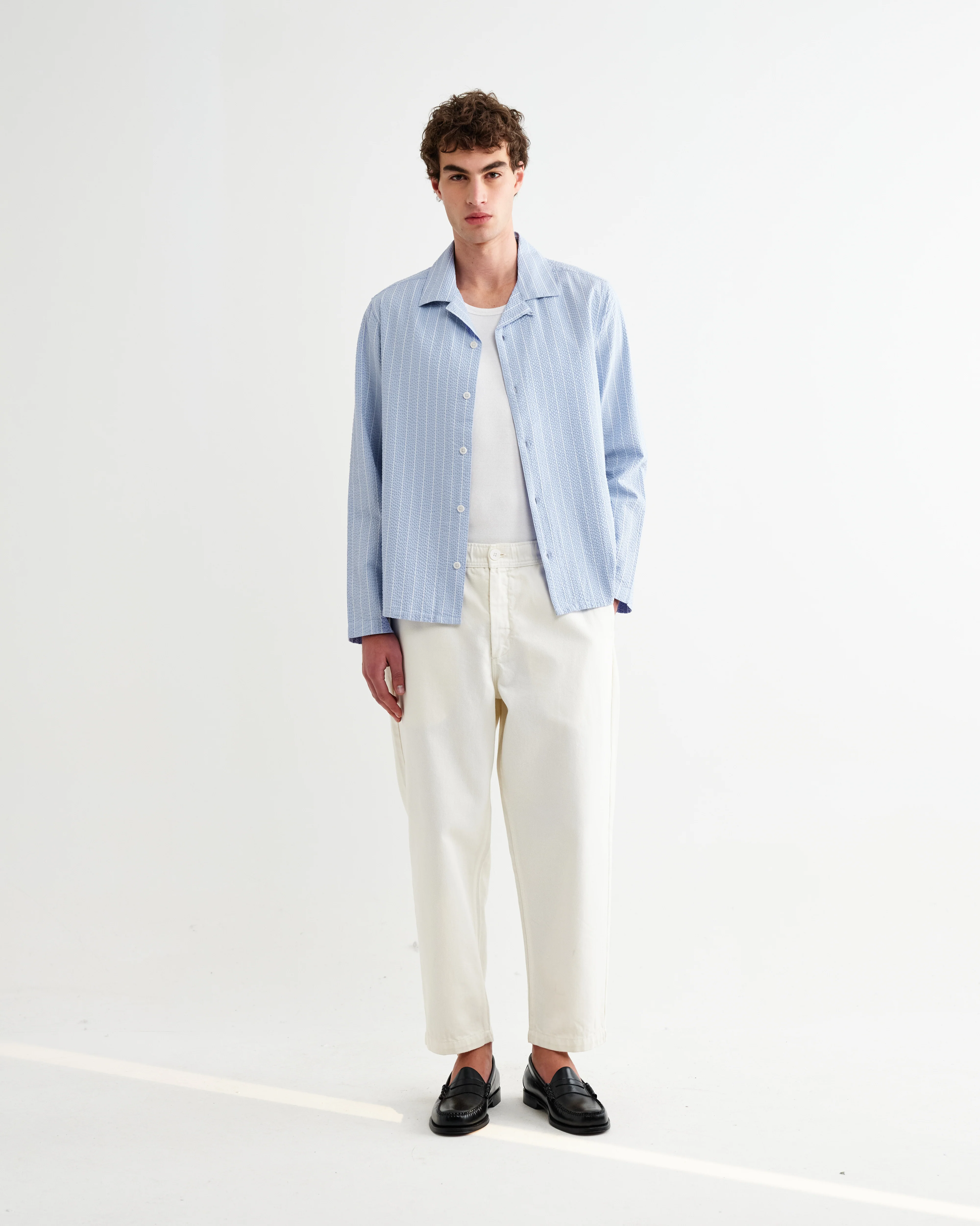 Corey - Blue And Ecru Seersucker-Cotton Stripe Shirt - Image 5