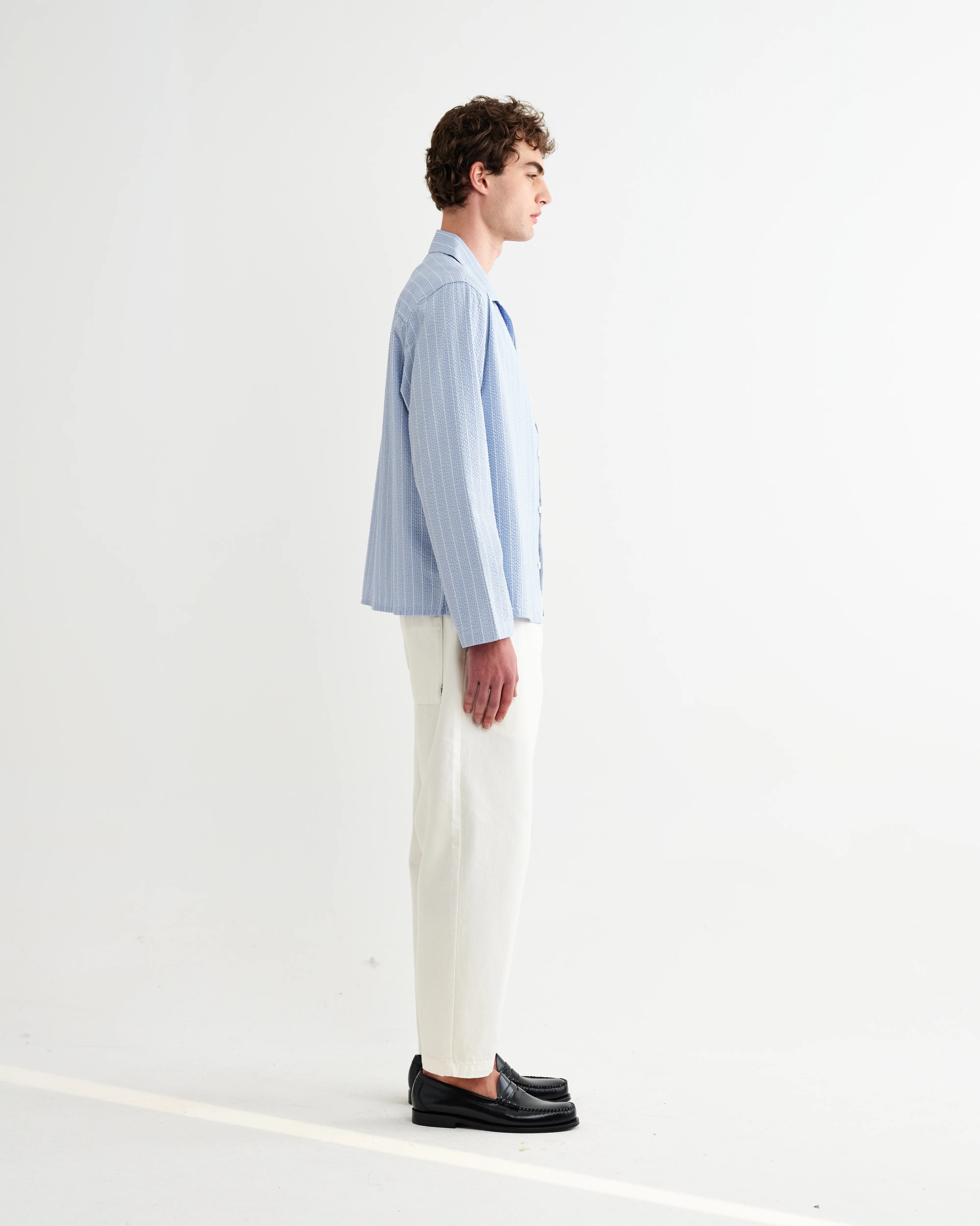 Corey - Blue And Ecru Seersucker-Cotton Stripe Shirt - Image 6