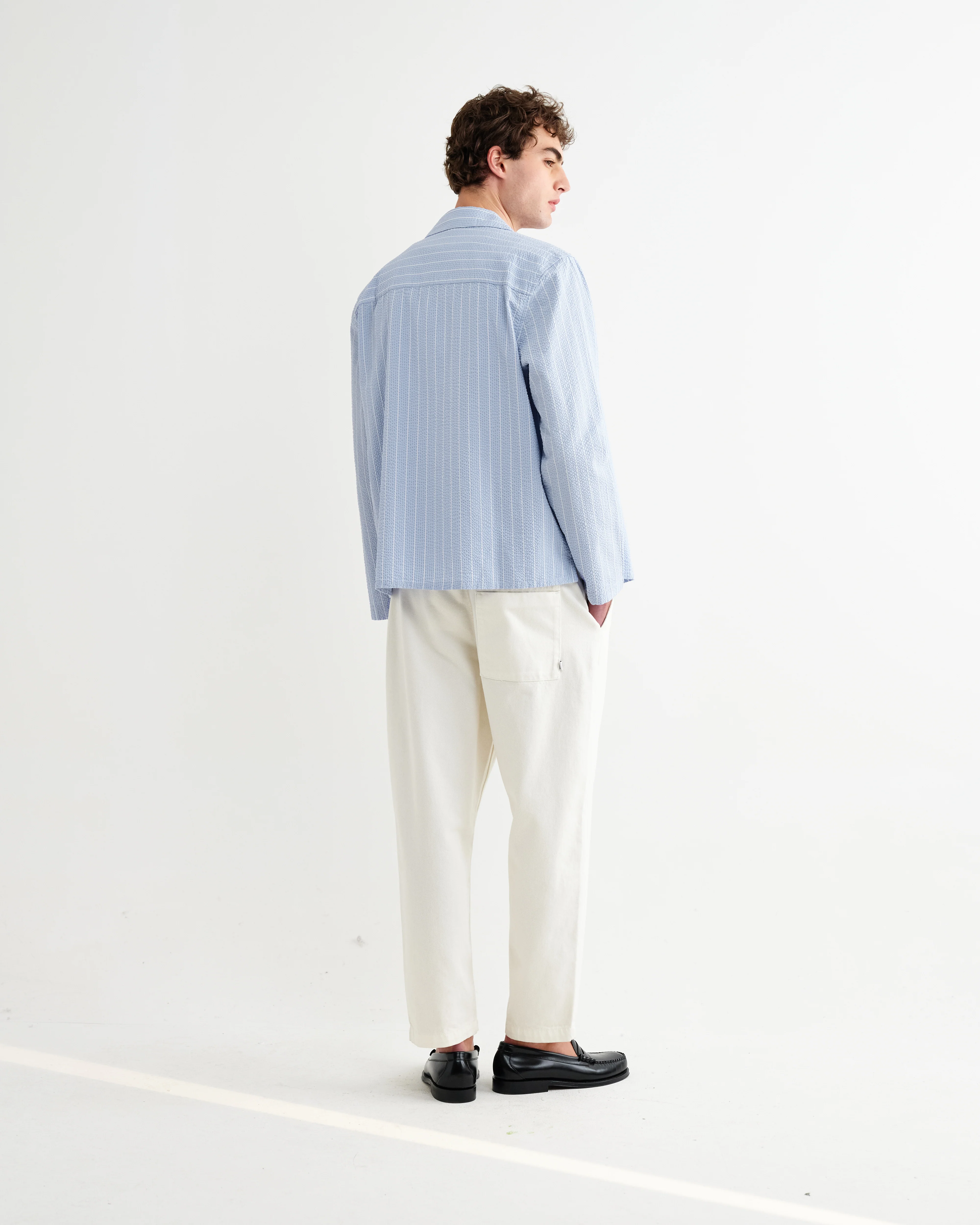 Corey - Blue And Ecru Seersucker-Cotton Stripe Shirt - Image 7