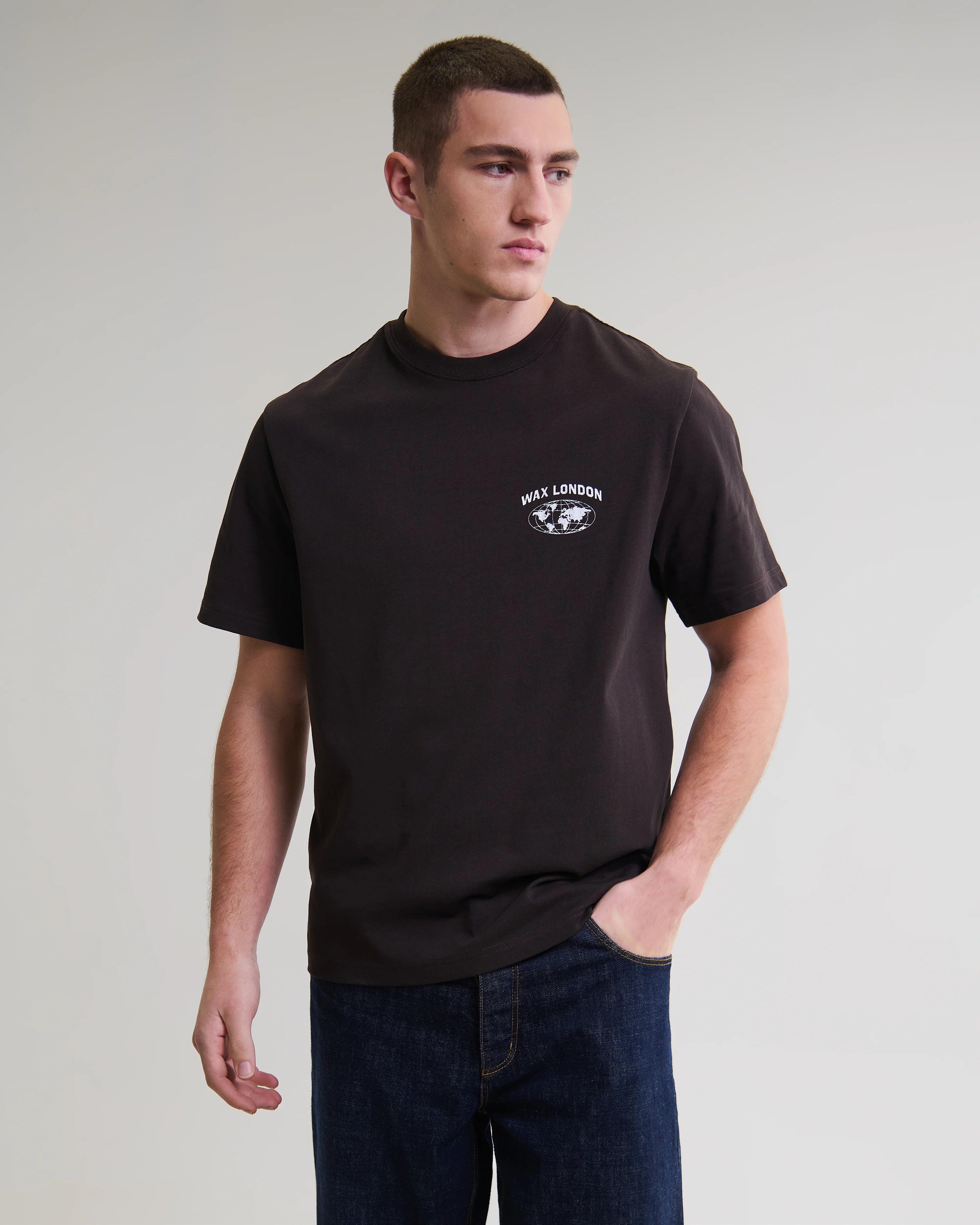 Dean - Brown And Off-White Globe Graphic Cotton T-Shirt - Image 3