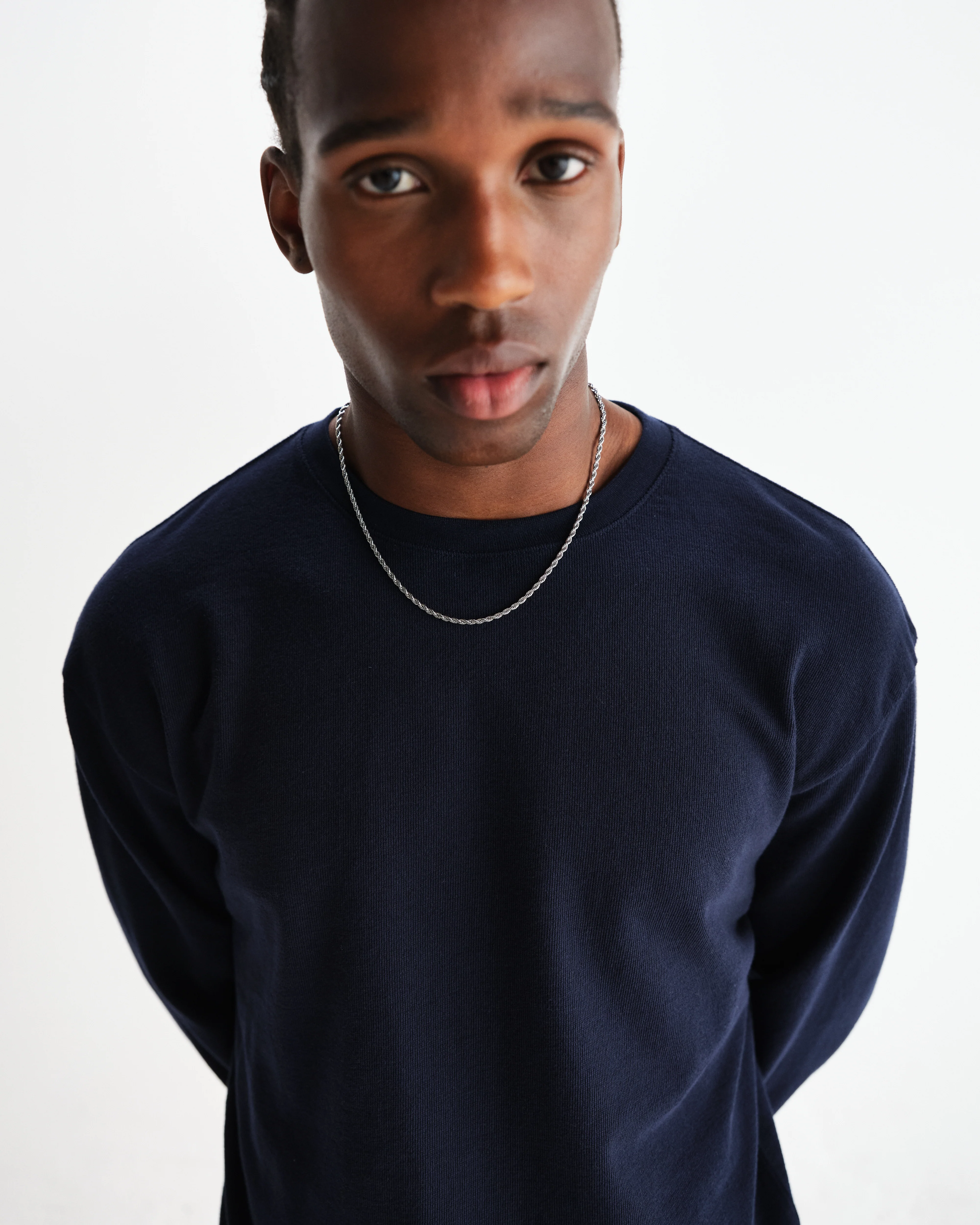 Hayden - Navy Textured Organic Cotton Long Sleeve T-Shirt - Image 3