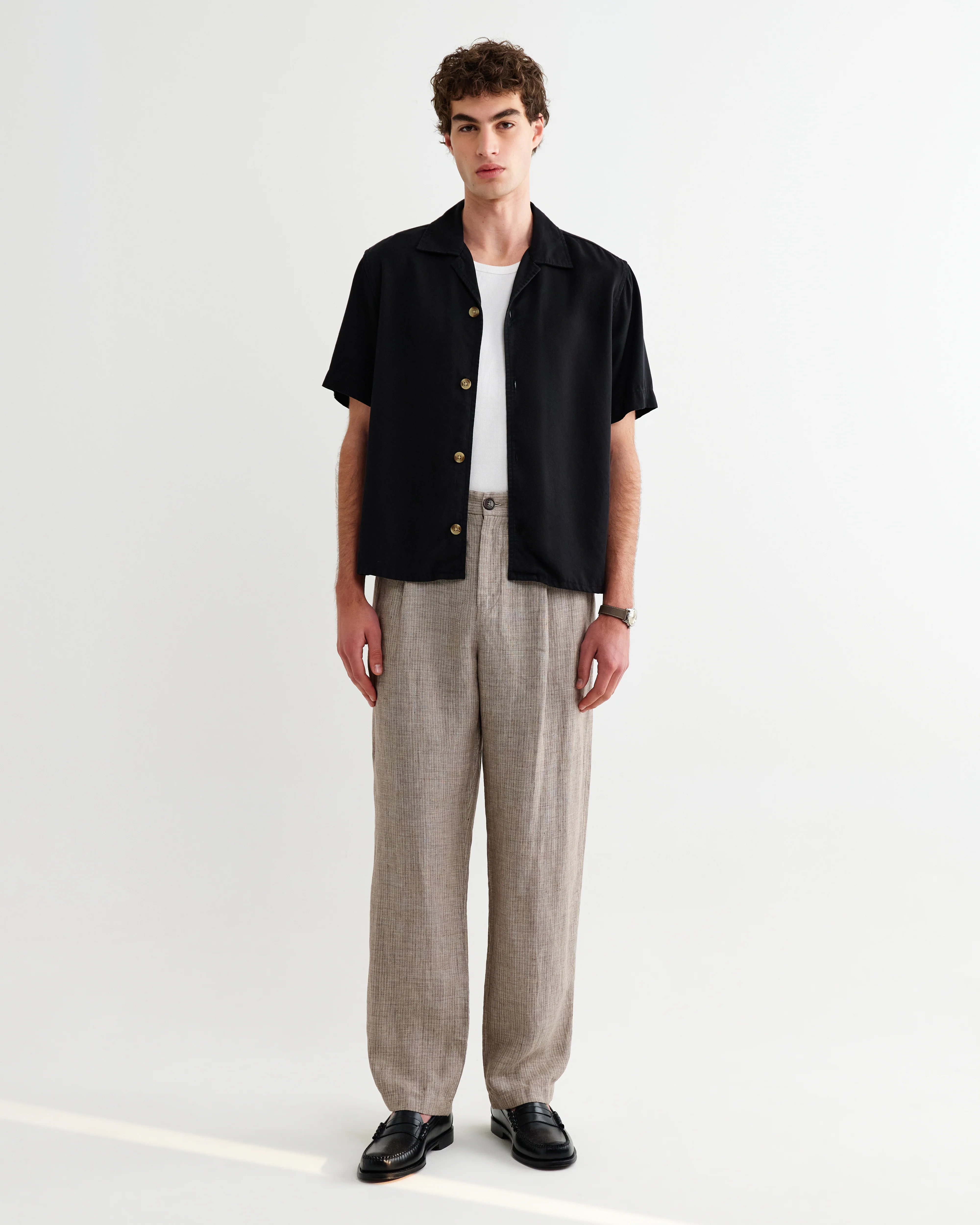 Malham - Natural And Brown Stripe Linen Wide Fit Trousers - Image 3