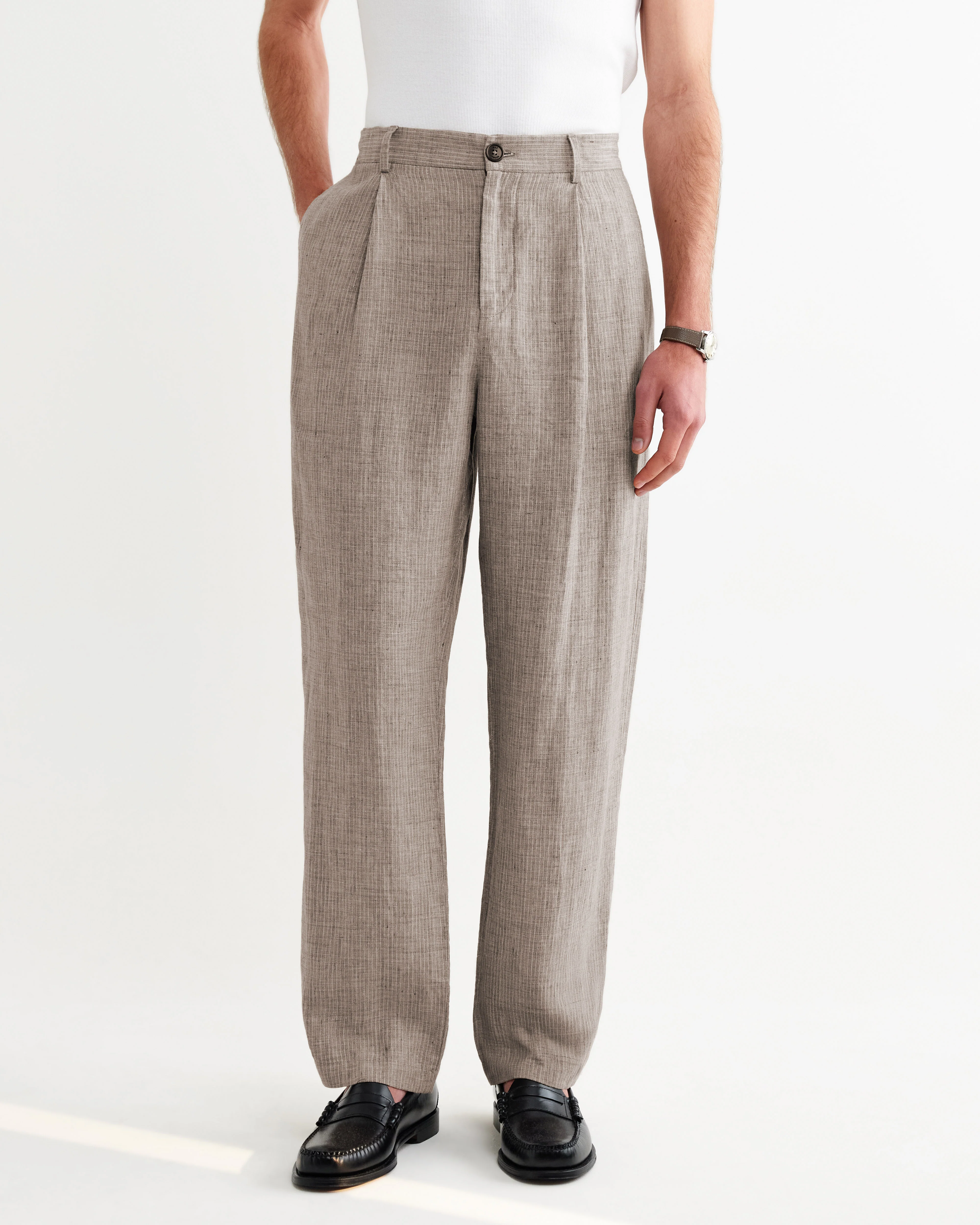 Malham - Natural And Brown Stripe Linen Wide Fit Trousers - Image 4