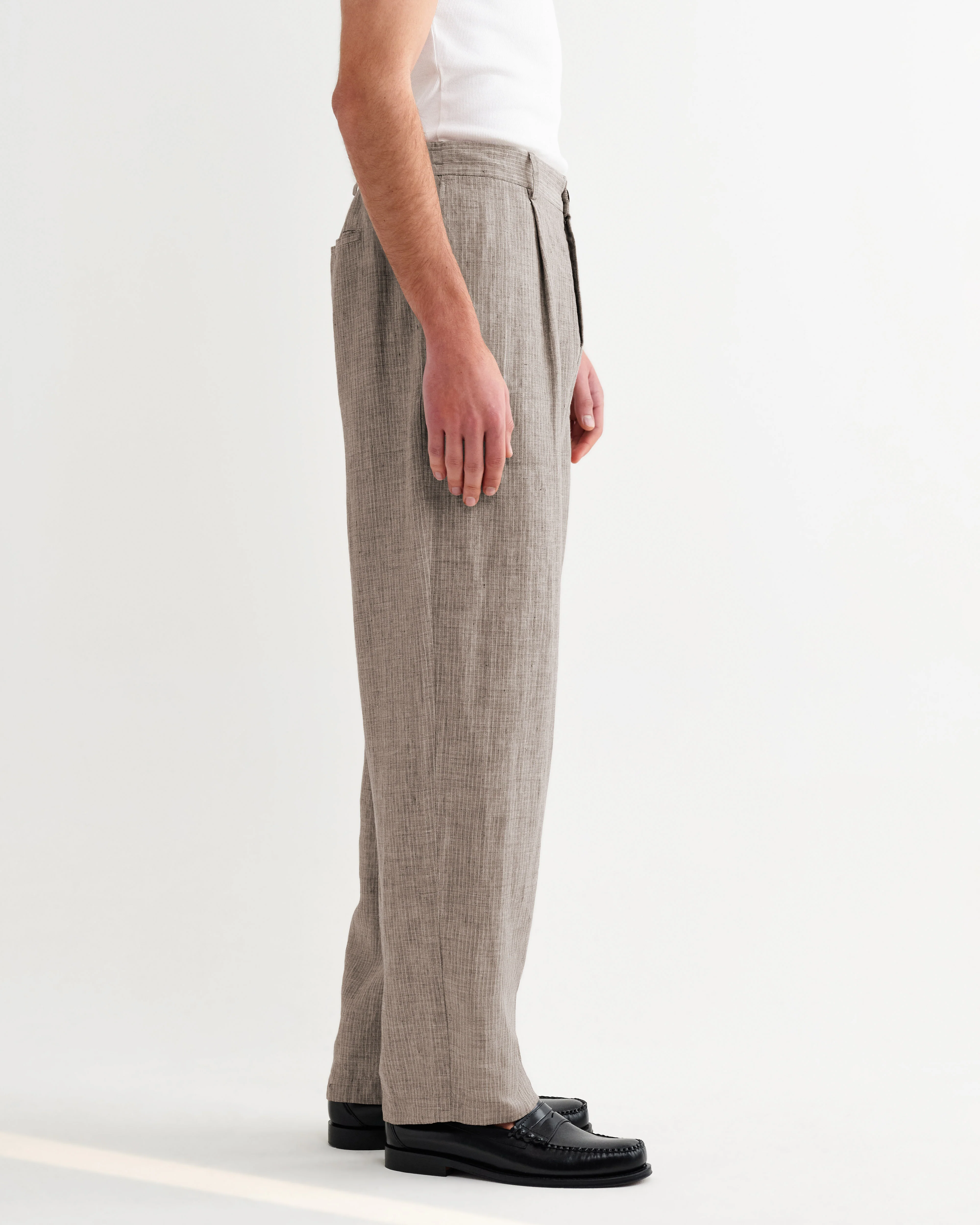 Malham - Natural And Brown Stripe Linen Wide Fit Trousers - Image 6