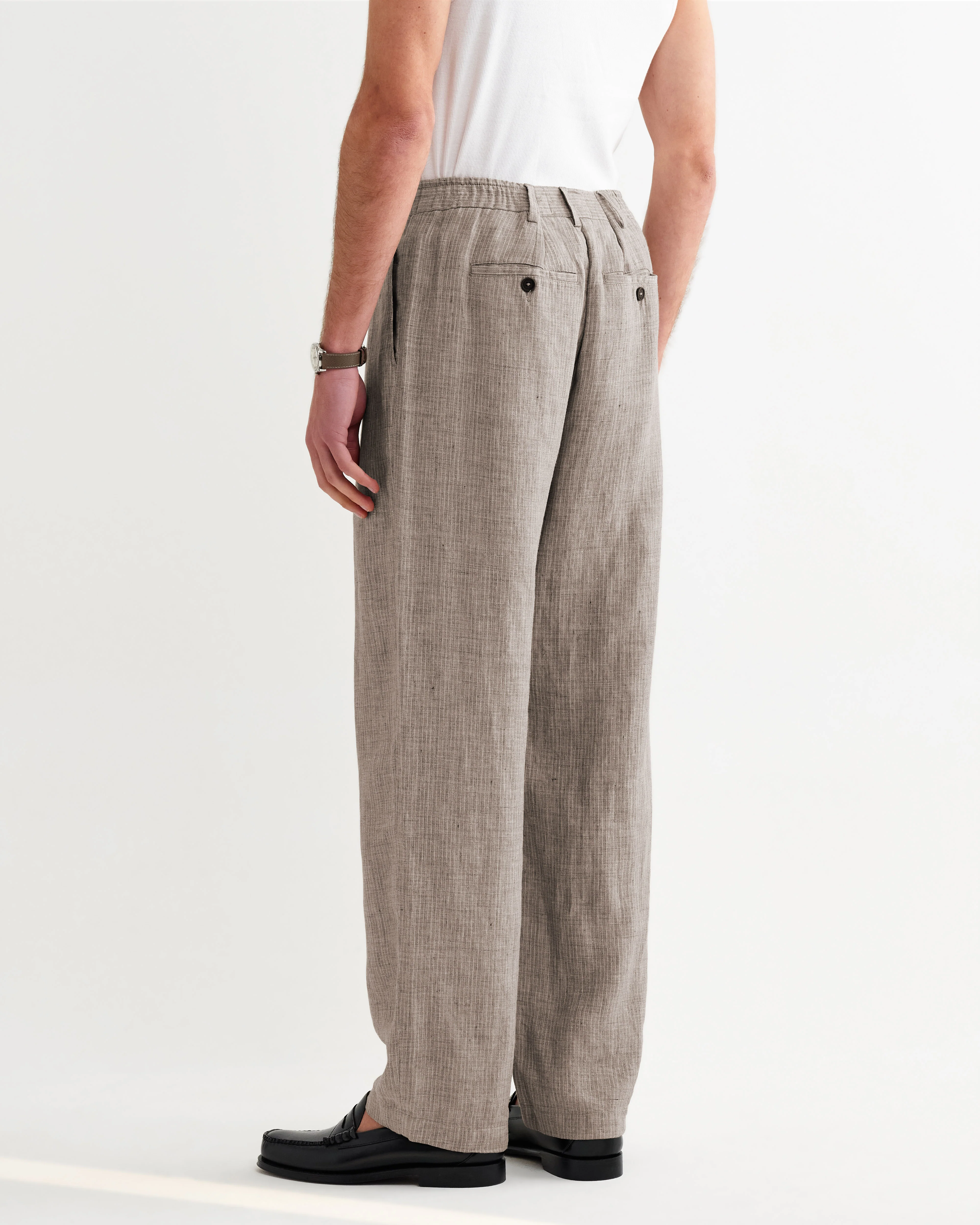 Malham - Natural And Brown Stripe Linen Wide Fit Trousers - Image 7