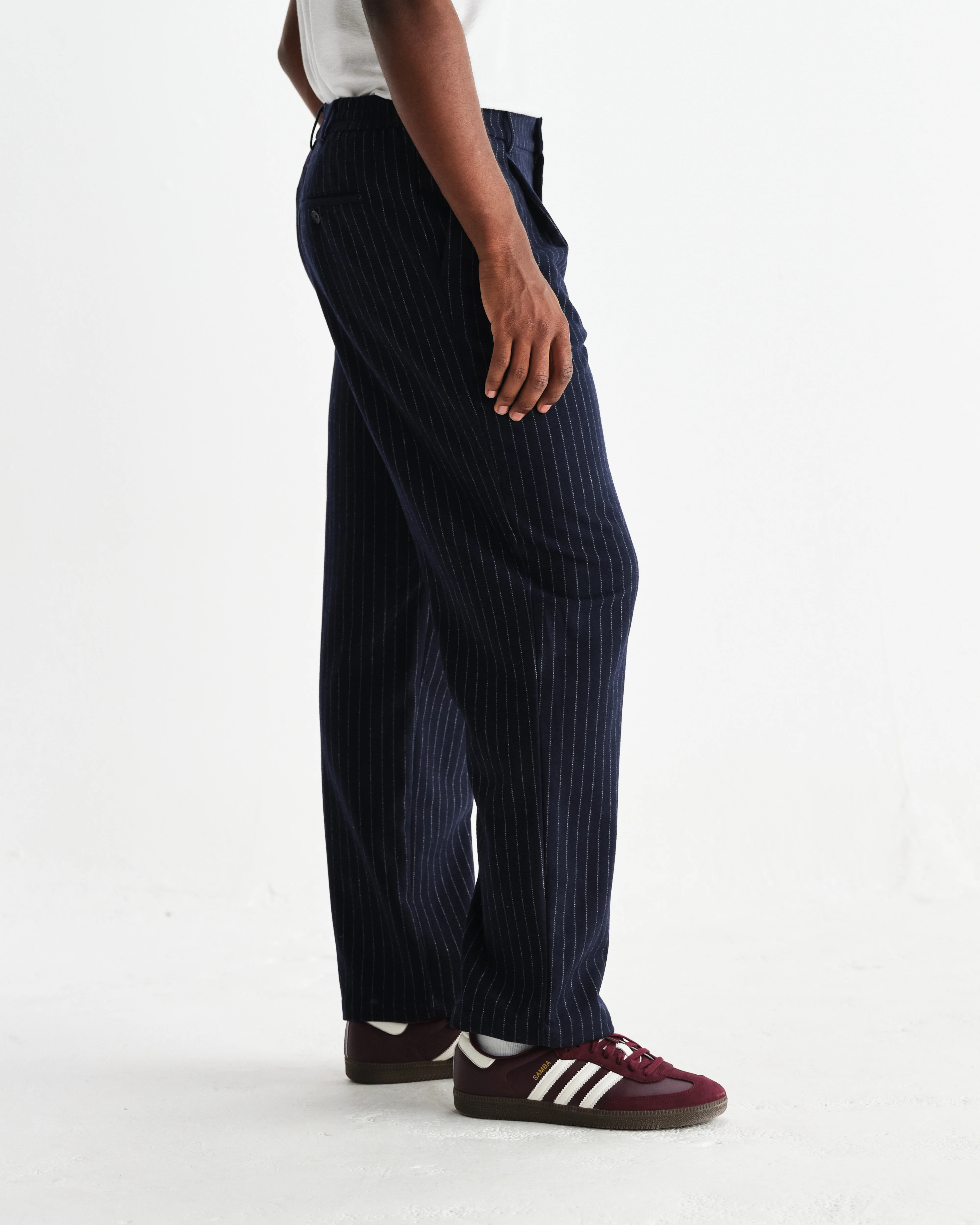 Malham - Navy Pinstripe Wool Trousers - Image 4