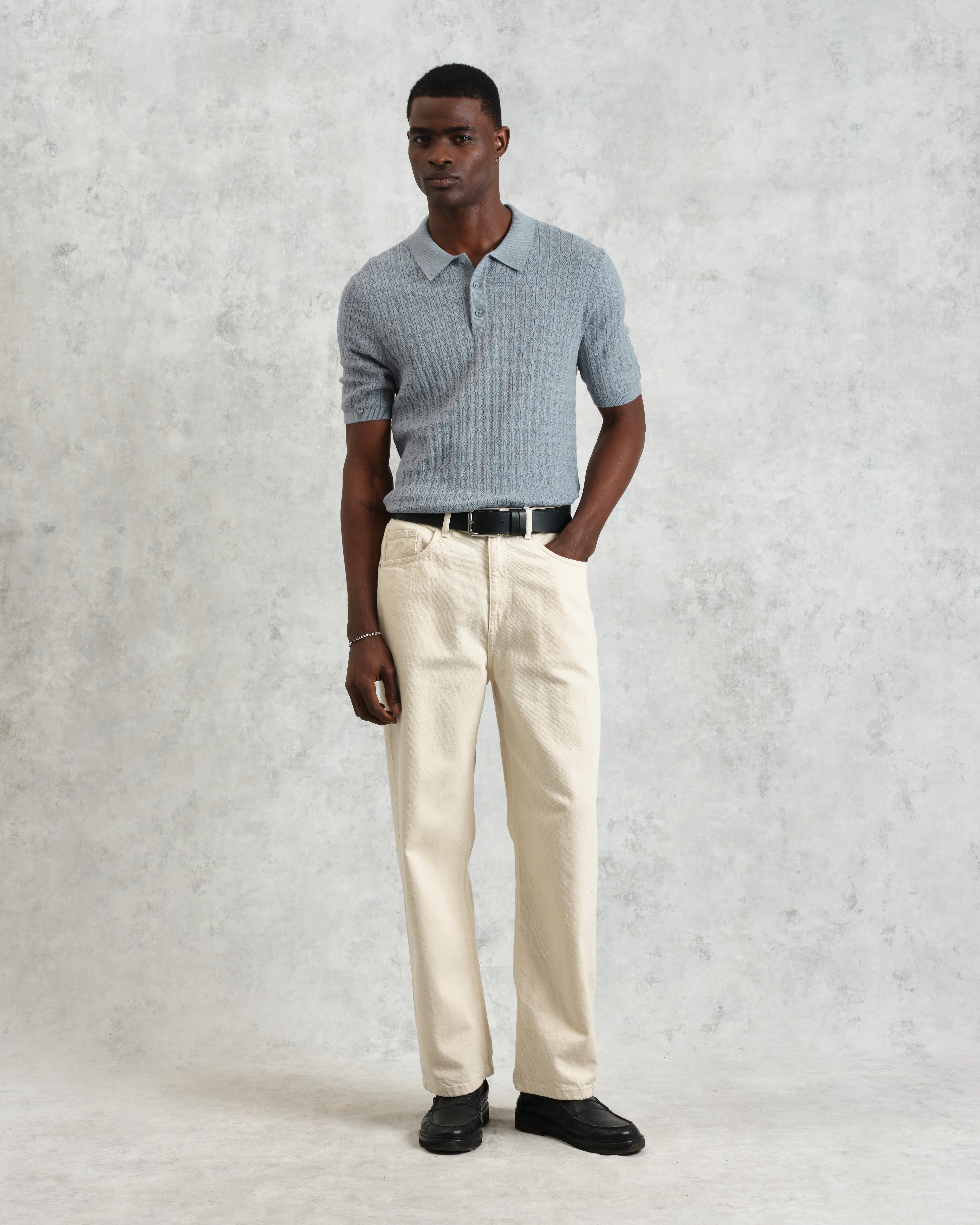 Naples - Grey Blue Diamond Stripe Knitted Polo - Image 4