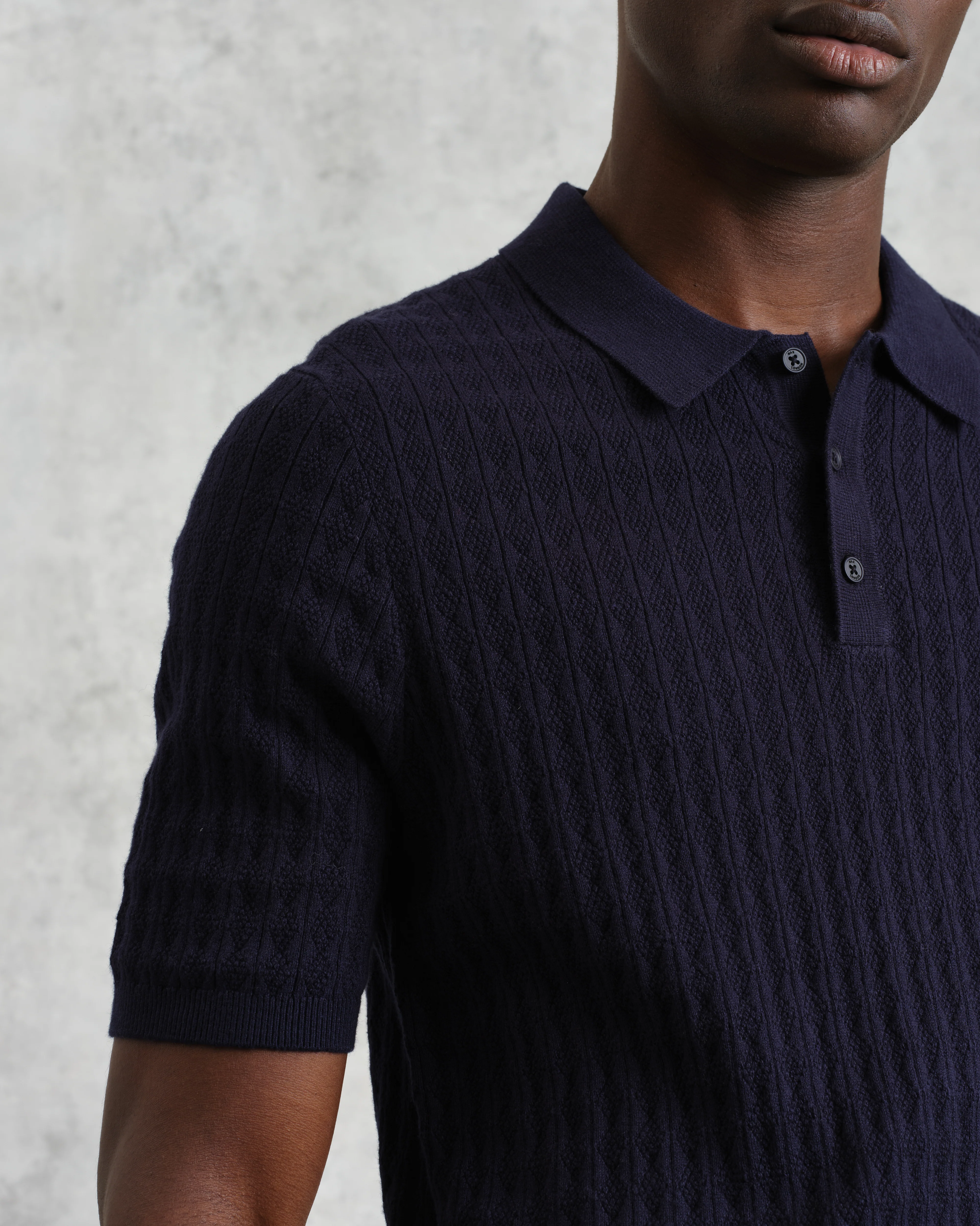 Naples - Navy Diamond Stripe Knitted Polo - Image 3