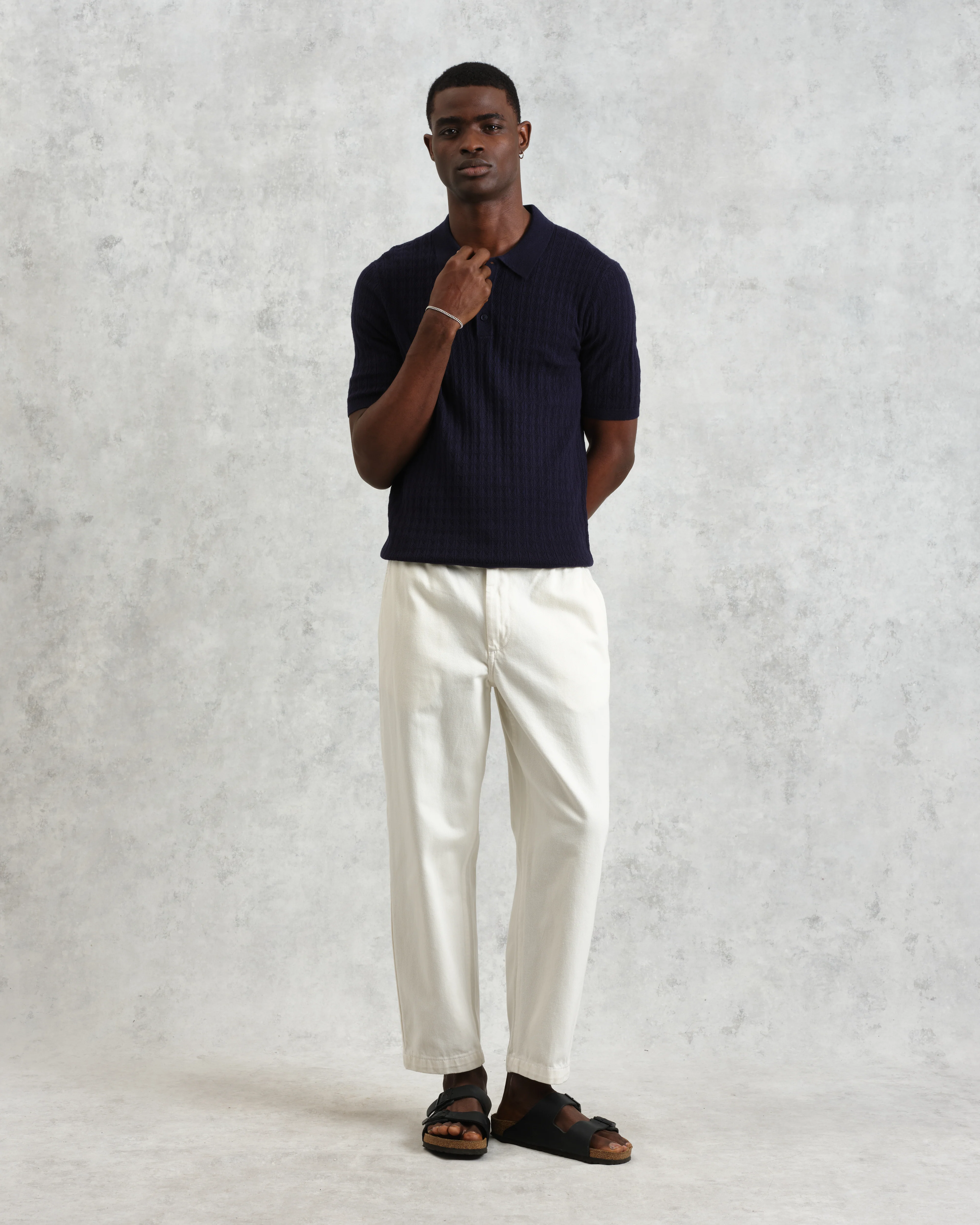 Naples - Navy Diamond Stripe Knitted Polo - Image 4