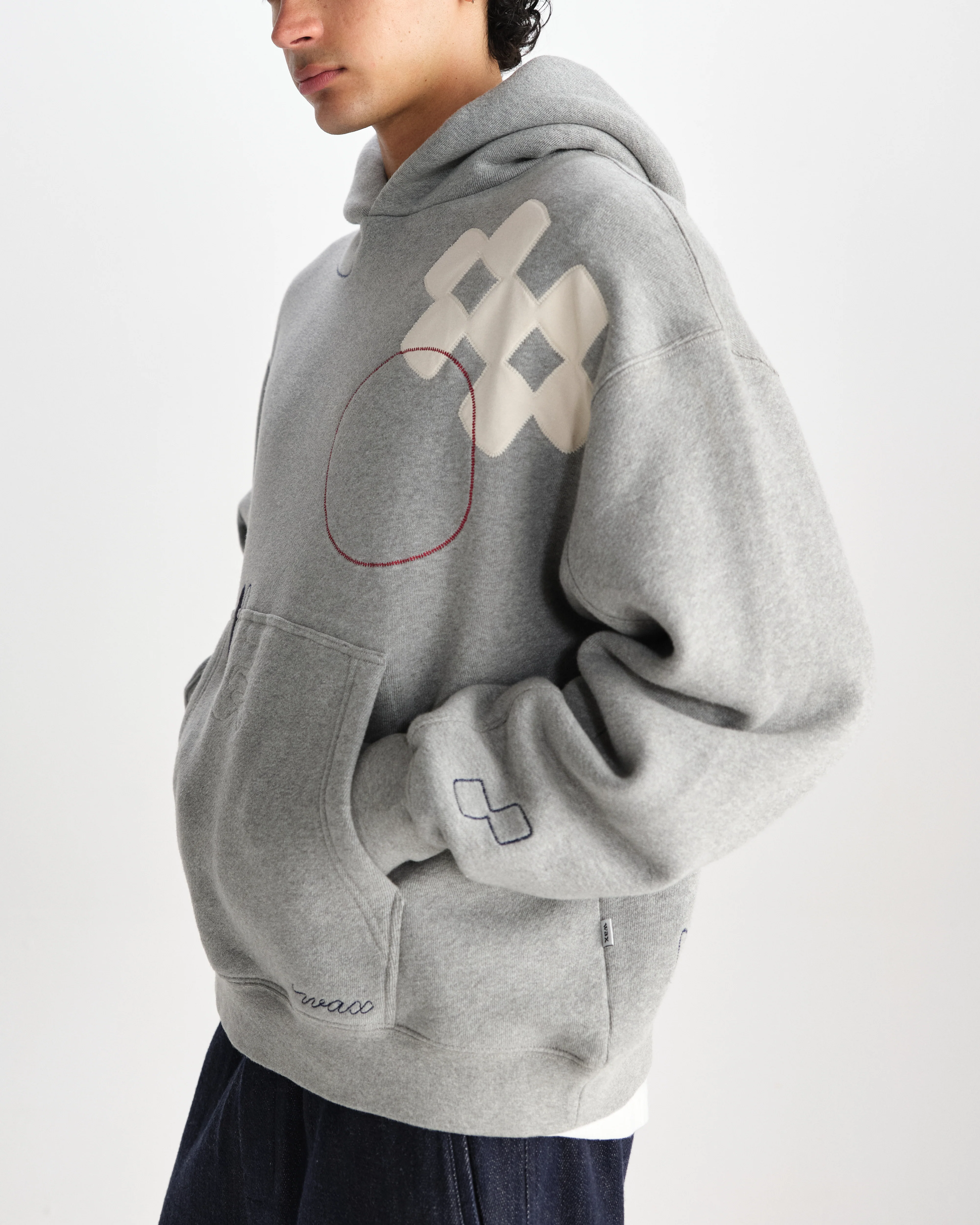 Rydal - Grey Doodle Embroidered Loopback Cotton Hoodie - Image 3