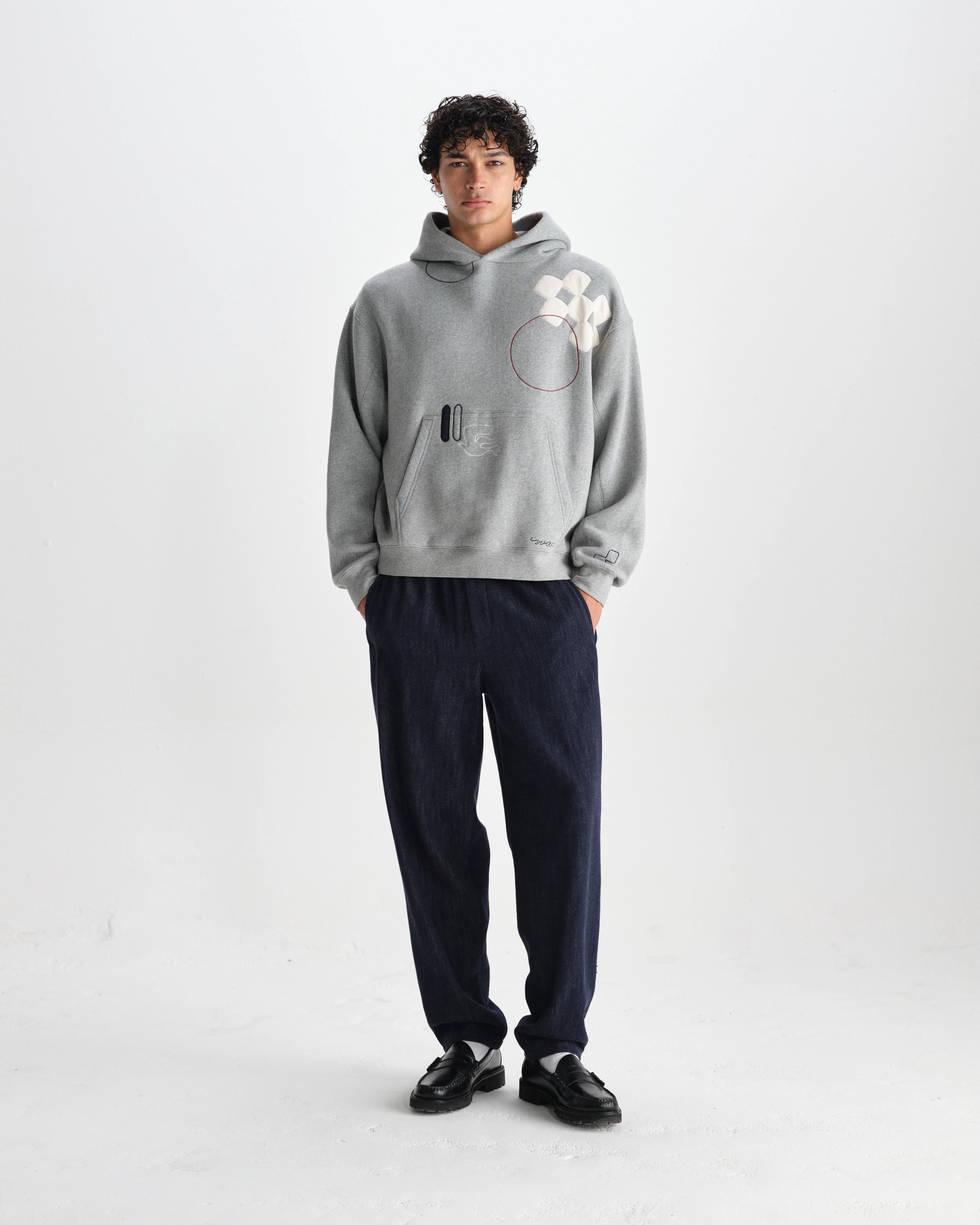 Rydal - Grey Doodle Embroidered Loopback Cotton Hoodie - Image 4