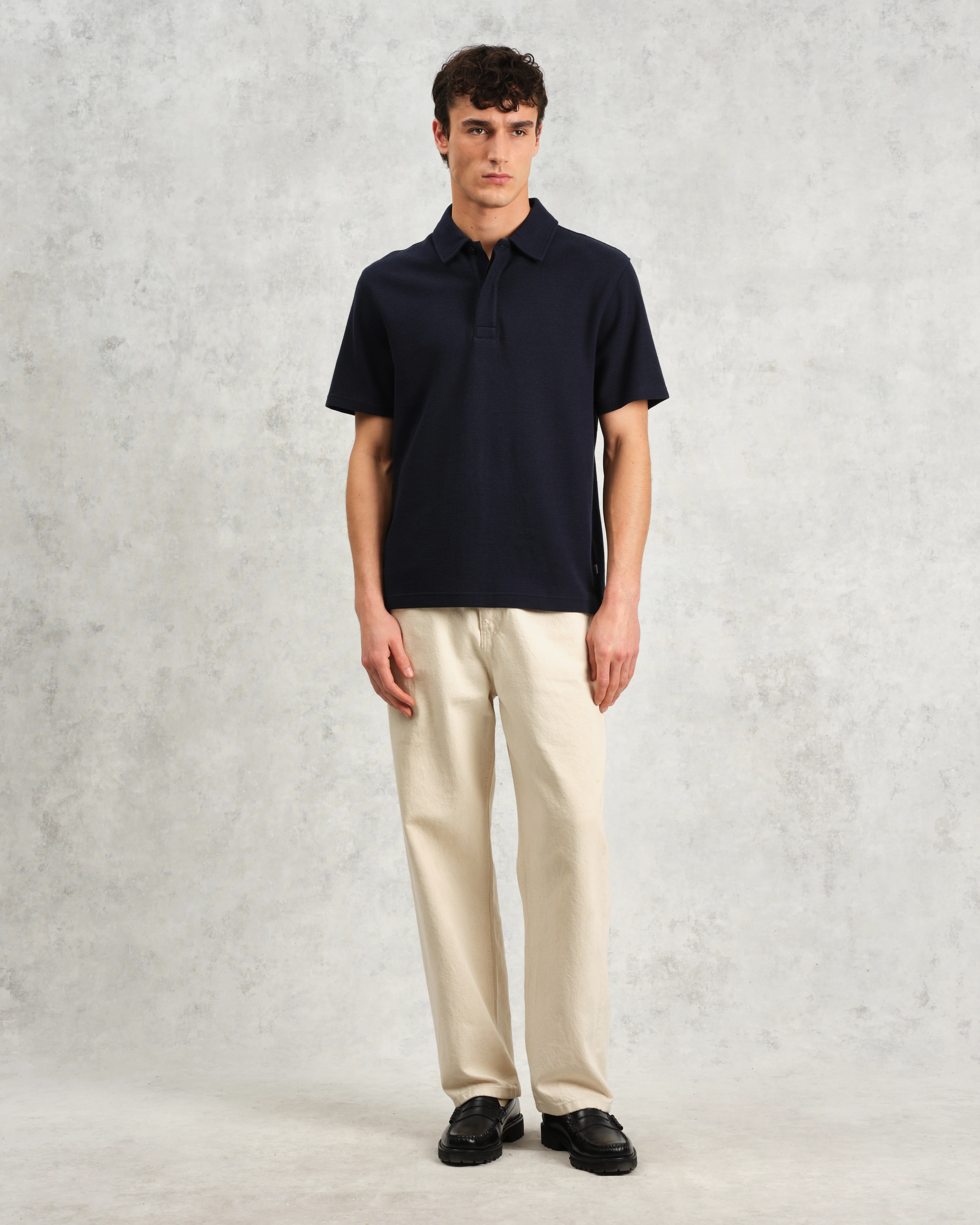 Shore - Navy Textured Organic Cotton Polo Shirt - Image 4