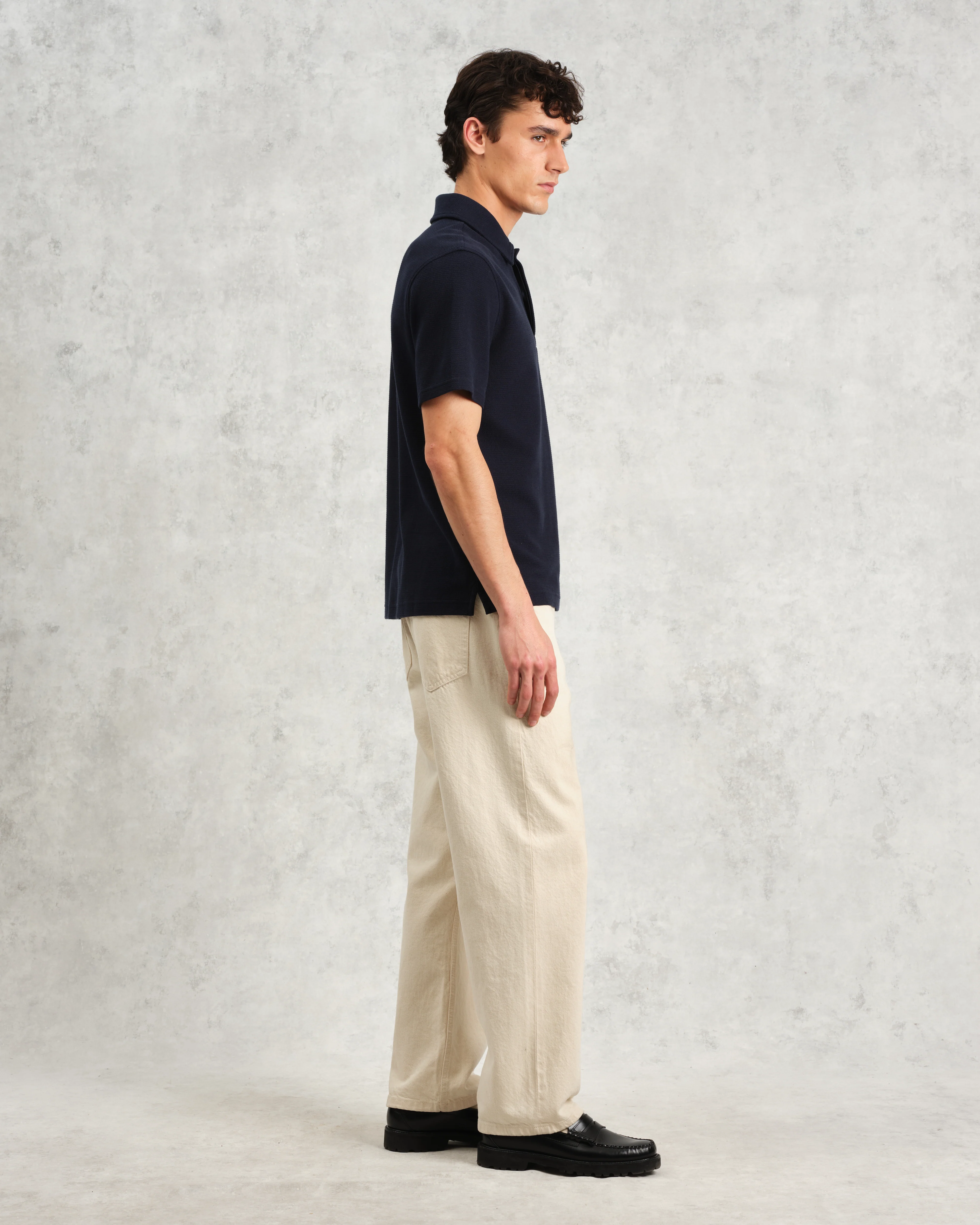 Shore - Navy Textured Organic Cotton Polo Shirt - Image 5